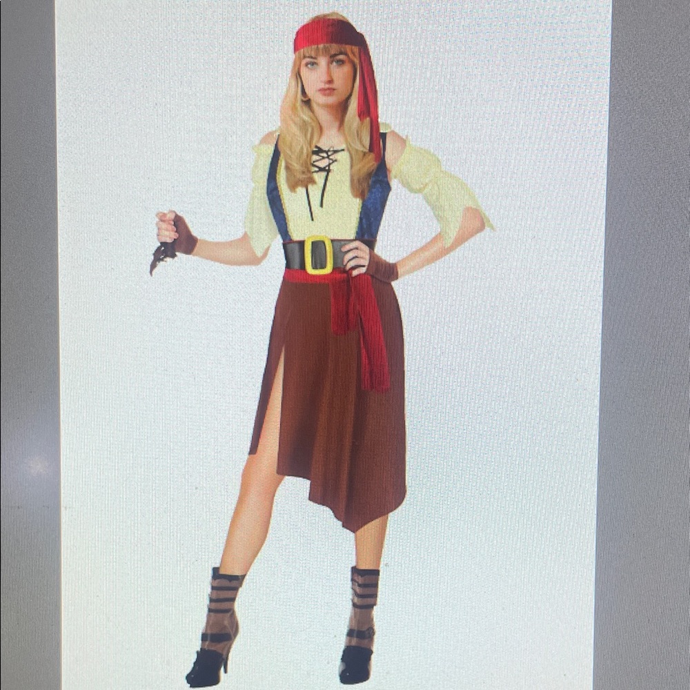 Women’s Rogue Pirate Red and Cream Costume with Gold Buckle